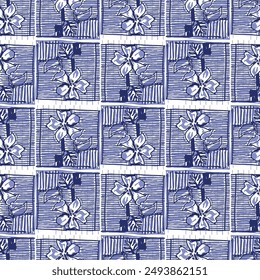 Indigo blue stitch effect flower abstract vector seamless pattern background. Modern masculine graphic design for block print hand craft trend. 