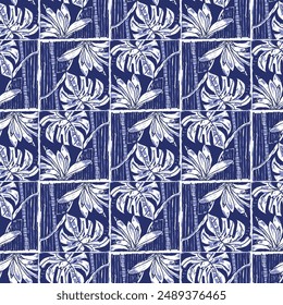 Indigo blue stitch leaf foliage effect abstract vector seamless pattern background. Modern masculine graphic design for block print hand craft trend. 