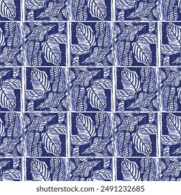 Indigo blue stitch leaf foliage effect abstract vector seamless pattern background. Modern masculine graphic design for block print hand craft trend. 