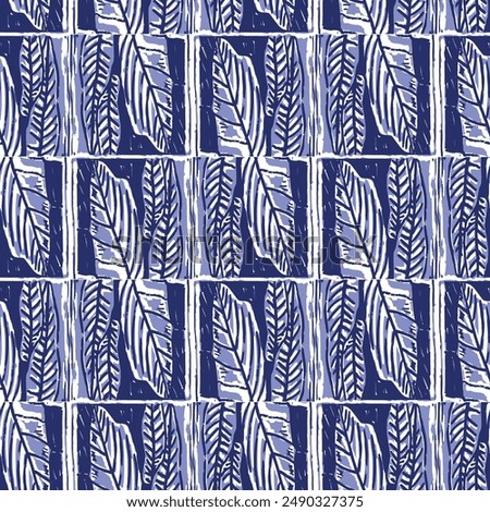 Indigo blue stitch leaf foliage effect abstract vector seamless pattern background. Modern masculine graphic design for block print hand craft trend. 