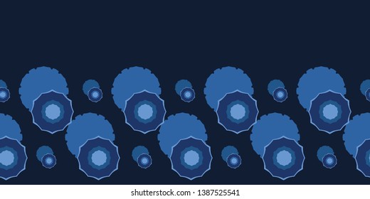 Indigo blue stylized cut out floral shape. Seamless border pattern background. Hand drawn circle illustration. Trendy denim home decor, fashion edging banner,  vintage denim navy flower ribbon trim.