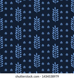 Indigo blue stylized ethnic leaf pattern. Folk art nature carved block textiles background. Japanese dye style monochrome home decor. Trendy plant leaves foliage all over print. Seamless vector swatch