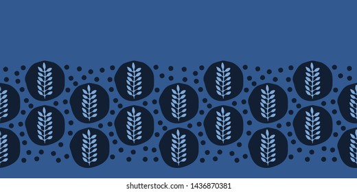 Indigo blue stylized ethnic leaf border pattern. Folk art nature polka dots textiles background. Japanese dye style monochrome home decor. Trendy plant leaves foliage banner ribbon. Seamless vector