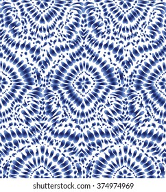 Indigo blue tie-dye textile pattern. Editable vector seamless pattern repeat.