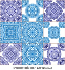 Indigo blue Tiles Floor Ornament Collection. Gorgeous Seamless Patchwork Pattern from Traditional Painted Tin Glazed Ceramic Tilework Vintage Illustration. For web page template background