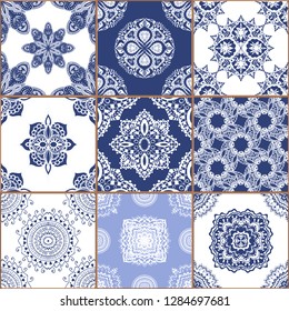 Indigo blue Tiles Floor Ornament Collection. Gorgeous Seamless Patchwork Pattern from Traditional Painted Tin Glazed Ceramic Tilework Vintage Illustration. For web page template background