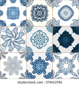 Indigo blue Tiles Floor Ornament Collection. Gorgeous Seamless Patchwork Pattern from Traditional Painted Tin Glazed Ceramic Tilework Vintage Illustration. For web page template background