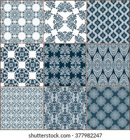 Indigo blue Tiles Floor Ornament Collection. Gorgeous Seamless Patchwork Pattern from Traditional Painted Tin Glazed Ceramic Tilework Vintage Illustration. For web page template background