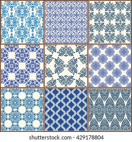 Indigo Blue Tiles Floor Ornament Collection. Gorgeous Seamless Patchwork Pattern from Colorful Traditional Painted Tin Glazed Ceramic Tilework Vintage Illustration Vector template background 