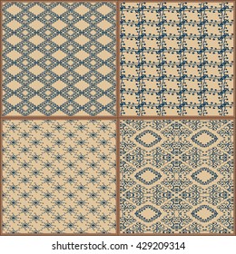 Indigo Blue Tiles Floor Ornament Collection. Gorgeous Seamless Patchwork Pattern from Colorful Traditional Painted Tin Glazed Ceramic Tilework Vintage Illustration Vector template background