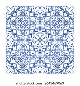 Indigo Blue Vector Sketch Classic Geometric Decorative Tile, Traditional Mediterranean Floral Ornament Hand Drawn Portuguese Mosaic Drawing, Spanish Mexican Talavera Ornamental Artwork Isolated Design
