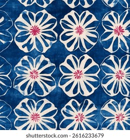 Indigo blue and white batik fabric with a large floral pattern, accented with pink.  grunge lines ikat pattern, striped seamless pattern, Vector illustration background for print the paper.