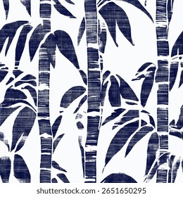 Indigo blue and white ink block print of a bamboo forest pattern. on linen fabric print pattern, cotton, silk, vector illustration, doodle summer, kids and baby designs for print fabric.
