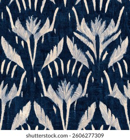 Indigo blue and white patterned textile with large abstract palm tree leaves. grunge lines ikat pattern, striped seamless pattern, Vector illustration background for print the paper.