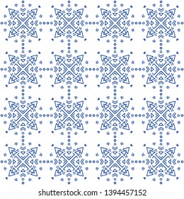 Indigo blue and white seamless geometric pattern design for fabric, porcelain surface or background, vector illustration.