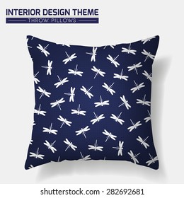 Indigo Blue & White Throw Pillow design template. Dragonfly pattern in traditional Japanese style is complete, masked. Interior design element. Creative Sofa cushion. Layered, editable vector