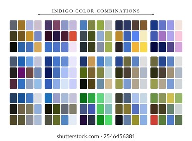 Indigo color palette. Trend color palette guide template. Fit for fashion designers, business, and paints colors company. Match combinations. Vector graphics. Eps 10.