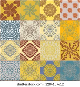 Indigo colored Tiles Floor Ornament Collection. Gorgeous Seamless Patchwork Pattern from Traditional Painted Tin Glazed Ceramic Tilework Vintage Illustration. For web page template background