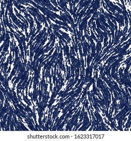 Indigo cyanotype dyed effect distressed worn bleached graphical motif. Noisy brushed faded mottled, intricate grungy stained navy design. Seamless repeat vector eps 10 pattern swatch.