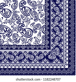 Indigo dye printed traditional paisley pattern. Vector ornament paisley Bandana Print, square pattern design style for print on fabric.