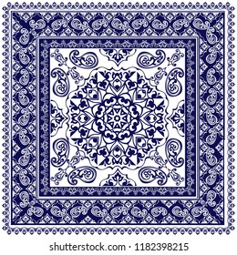 Indigo dye printed traditional paisley pattern. Vector ornament paisley Bandana Print, square pattern design style for print on fabric.