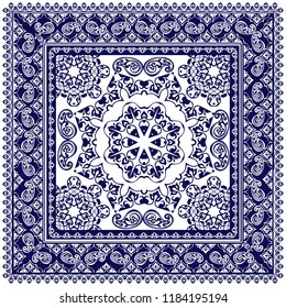 Indigo dye printed traditional paisley pattern. Vector ornament paisley Bandana Print, square pattern design style for print on fabric.