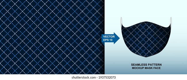 Indigo Dyed Woven Fabric Thailand Seamless Pattern Line White And Indigo Background. Design For Pillow, Print, Fashion, Clothing, Fabric, Gift Wrap. Mockup Template Face Mask Seamless Pattern. Vector.