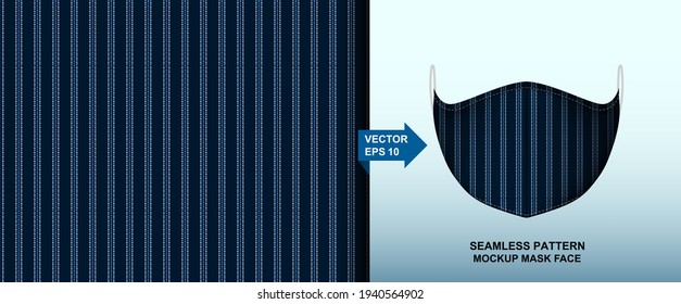 Indigo dyed woven fabric thailand seamless pattern line white and Indigo background. design for pillow, print, fashion, clothing, fabric, gift wrap. mockup template face mask seamless pattern. Vector.