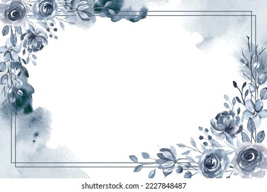 Indigo flower watercolor frame background with white space