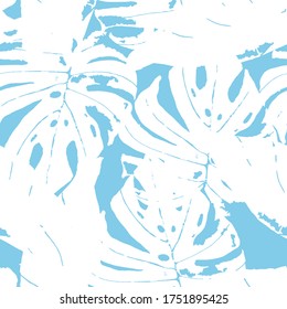 Indigo Foliage Summer Vector Seamless Pattern. Floral Jungle Wallpaper. Fashion Banana Leaves Background. White Fabric Leaf Backdrop.