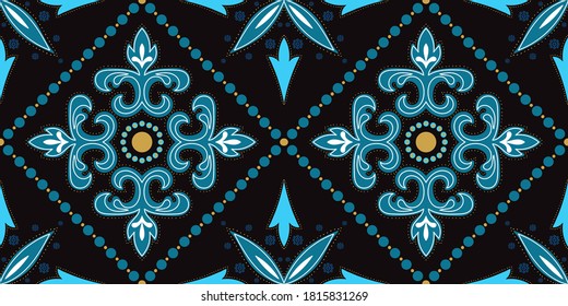 Patrón de inconfundible del vector del ornamento árabe geométrico índigo. Antiguo fondo de escritorio árabe. Fondo retro portugués oscuro azul y dorado.