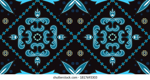Indigo Geometric Victorian Ornament Vector Seamless Pattern. Elegant Portuguese Background. Dark Blue and Gold Plated Spanish Ceramic Design.