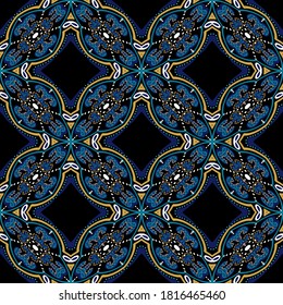 Indigo Geometry Victorian Ornament Vector Seamless Pattern. Modern Moroccan Background. Turquoise and Yellow Spanish Alhambra Design.