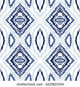 Indigo Graphic Tribal Vector Seamless Pattern. Geometric Tie Dye Indonesian Print. Traditional Geometric Background. Blue Ikat Japanese Vector Seamless Pattern