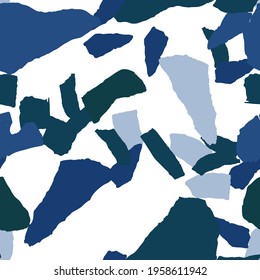Indigo and Gray Terrazzo Tile Vector Seamless Pattern. Geometric Terrazzo Wall Design. Blue and Green Venetian Postcard.