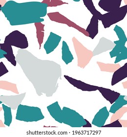 Indigo and Gray Terrazzo Wall Vector Seamless Pattern. Mosaic Terrazzo Tile Banner. Blue and Green Colorful Wallpaper.