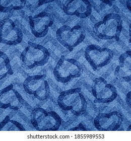 Indigo heart seamless pattern. Hearts texture. Blue background for design love prints. Modern stylish shibori denim fabric. Irregular repeat creative hearts. Grunge urban effect. Mottled transition