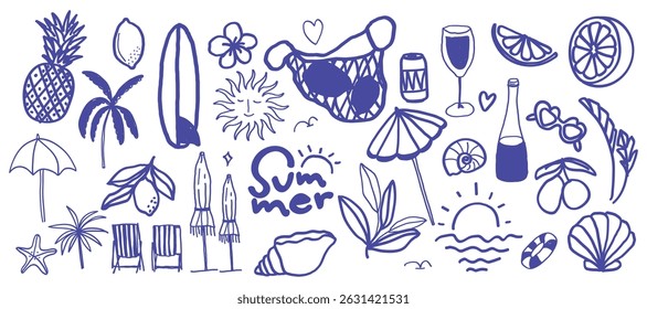 Indigo Italian hand drawn summer element vector set. Coconut Tree, pineapple, wine, sheel, lemon, foliage, sun, umbrella. Design for decorative, card, cover, poster, product deco.