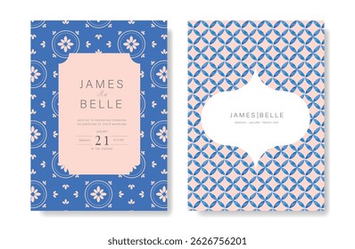 Indigo Italy summer invitation card vector. Italian poster with Blue Mediterranean tiles pattern, summer element. Design for wedding card, greeting card, bridal shower, cover.
