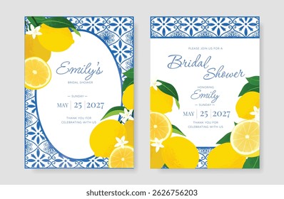Indigo Itália verão convite cartão vetor. Cartaz italiano com limão, azulejos azul mediterrâneo padrão, elemento de verão. Design para cartão de casamento, cartão de saudação, chuveiro de noivas, capa.