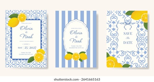Indigo Italy summer invitation card vector. Italian poster with lemon, Blue Mediterranean tiles pattern, summer element. Design for wedding card, greeting card, bridal shower, cover.