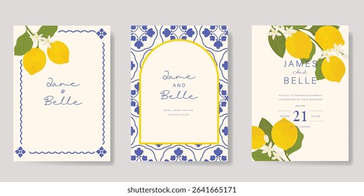 Indigo Italy summer invitation card vector. Italian poster with lemon, Blue Mediterranean tiles pattern, summer element. Design for wedding card, greeting card, bridal shower, cover.