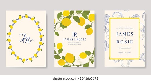 Indigo Italy summer invitation card vector. Italian poster with lemon, Blue Mediterranean tiles pattern, summer element. Design for wedding card, greeting card, bridal shower, cover.