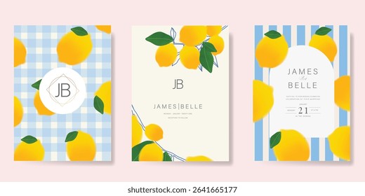 Indigo Italy summer invitation card vector. Italian poster with lemon, Blue Mediterranean tiles pattern, summer element. Design for wedding card, greeting card, bridal shower, cover.