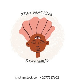 Indigo kid, paranormal character fortuneteller with Third Eye and Pink hair. Magic vision, future sight concept. Stay magical, stay wild text. Card, banner, t-shirt print design. Vector illustration.