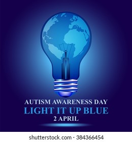 Indigo light bulb with globe. Autism awareness day concept. Light it on blue.