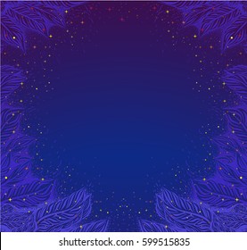 Indigo magical background. Pattern of night sky with branches silhouette. Vector illustration. 