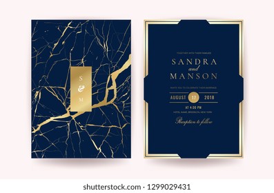 Indigo Marble Wedding invitation. Design with Luxury Marbling Golden and Geometric shape pattern. Can be adapt to covers design, RSVP, brochure, Packaging, Magazine, Poster and Greeting cards. 