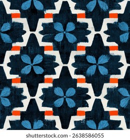 Indigo and navy blue geometric pattern with white, orange, and black accents, grunge lines ikat pattern, striped seamless pattern, Vector illustration background for print the paper.