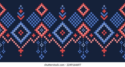 Indigo navy blue geometric traditional ethnic pattern Ikat seamless pattern border abstract design for fabric print cloth dress carpet curtains and sarong Aztec African Indian Indonesian 